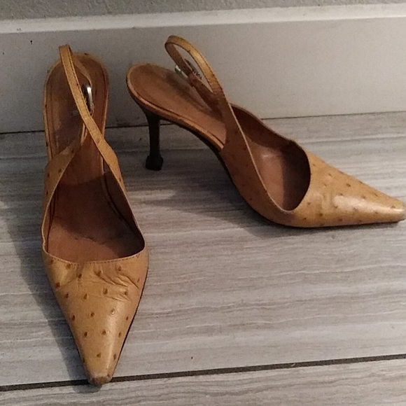 Women's Golden Tan Leather Osterich Sling Heel - Picture 1 of 5